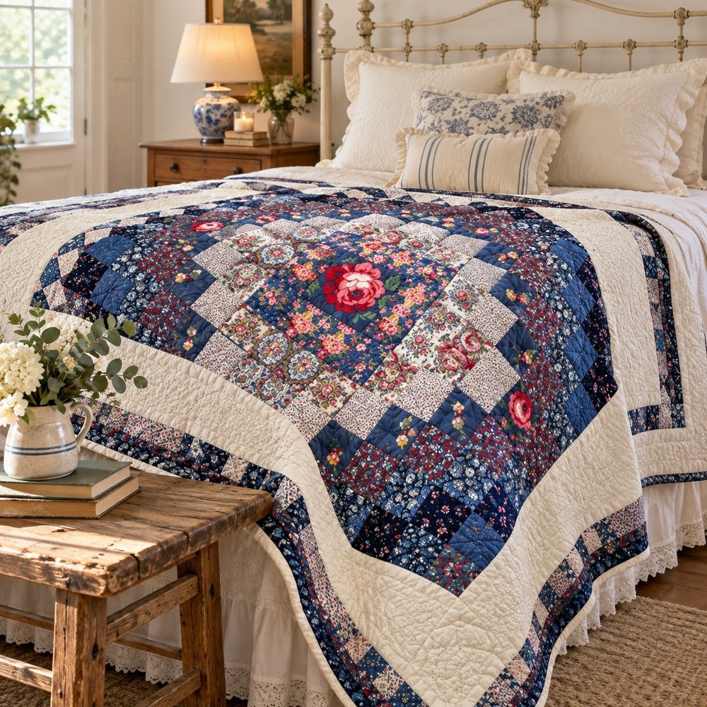 Signed 1984 Handmade Heirloom Quilt Blue Floral Patchwork Cottagecore 70x82